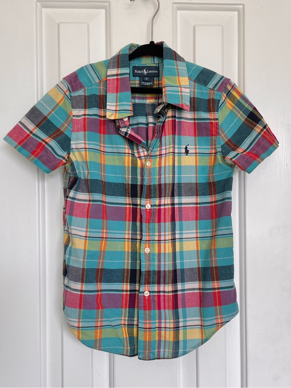 Ralph Lauren Boys Short-Sleeve Plaid Button-Up Oxford Shirt - Teal/Multi